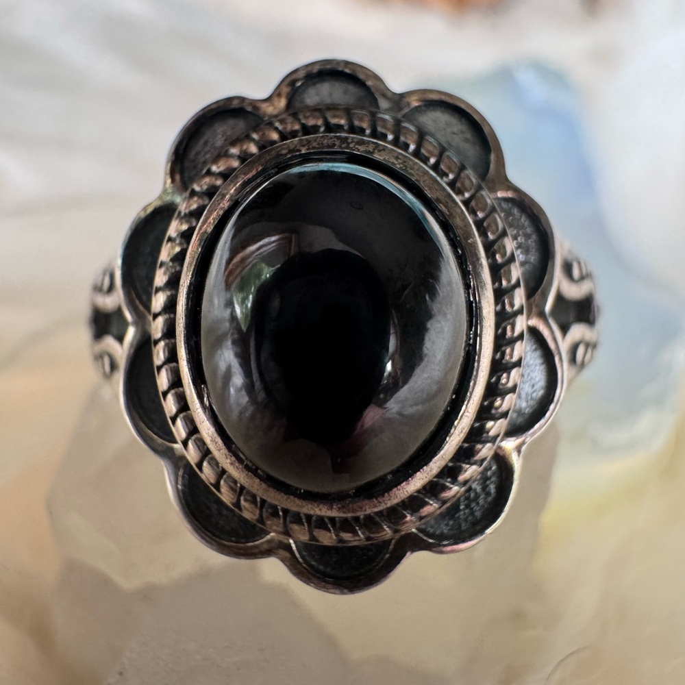 Gothic Black ONYX and Silver Floral Ring